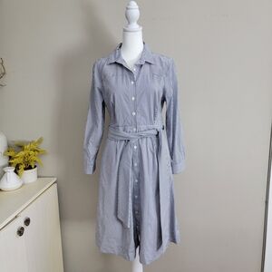 J. Crew Blue and White Striped Long-Sleeve Shirt Dress with Tie Size 10p